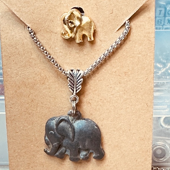 Pewter Elephant Pendant on Silver Tone Chain w/Gold Tone Elephant Lapel Pin Free - Picture 4 of 12
